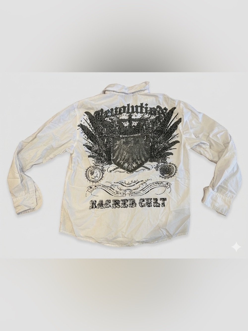 Sacred Cult Men’s M White Button Down Shirt Y2K Cyber Sigilism Rhinestone Eagle
